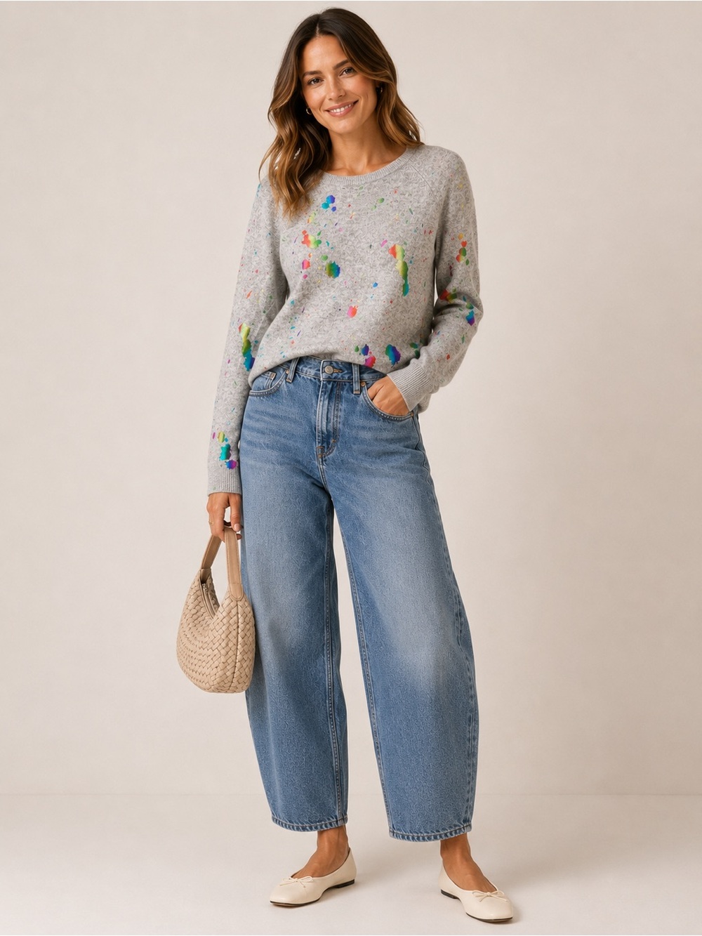 Brodie Fine Cashmere Rainbow Foil Paint Splatter Sweater Gray Crewneck NWT M